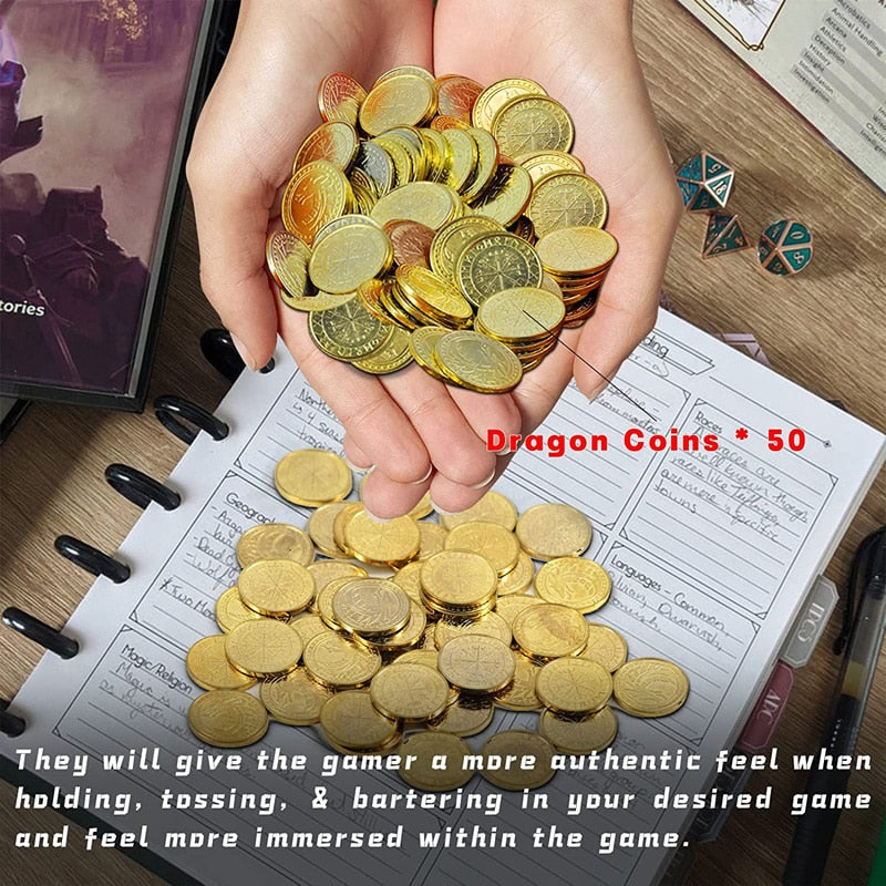 D&D Fantasy Coins - 50 Antique Gold Metal Treasure Tokens with